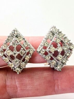 SOLD! Clip On Earrings Silver Tone Lattice Work Domed Rhinestone